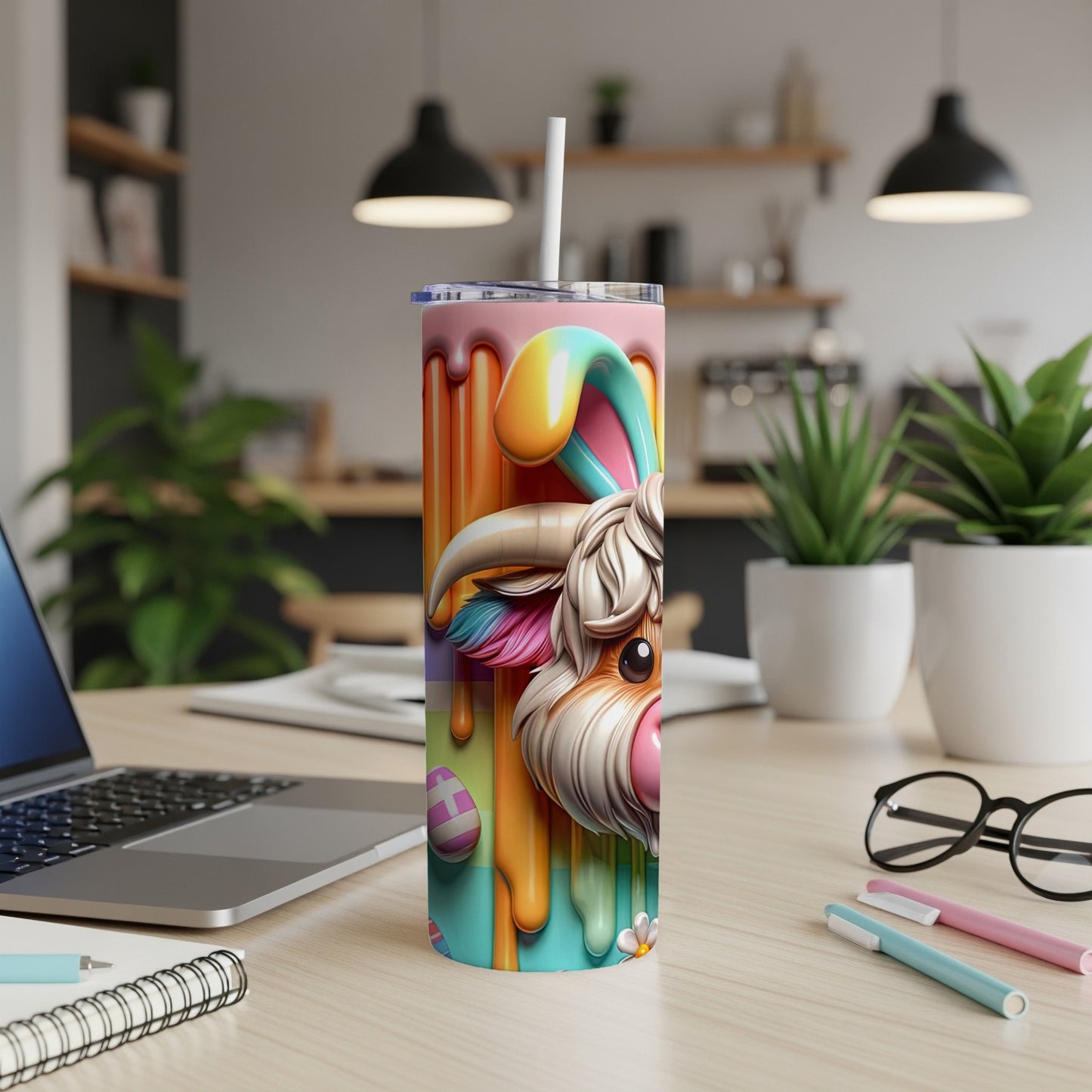 Easter bunny tumbler with colorful drips and pastel egg accents.