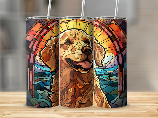 Golden retriever portrait with stained-glass sun and water background.