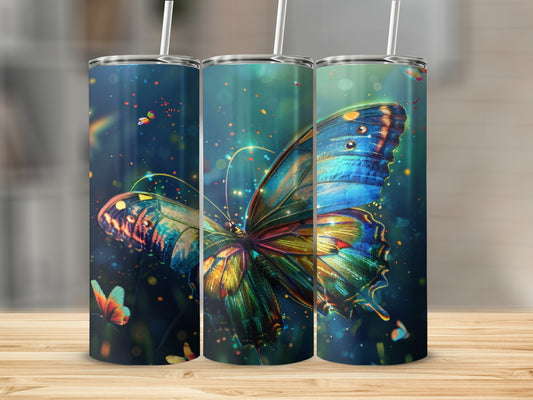 Three tumblers with colorful butterfly and bokeh effects.