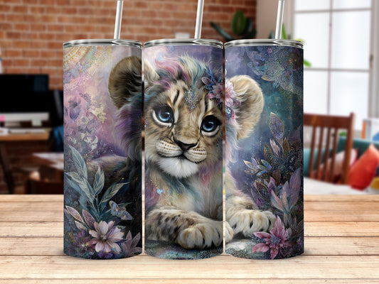 Cute Colorful Lion Cub Design with Flowers Tumbler