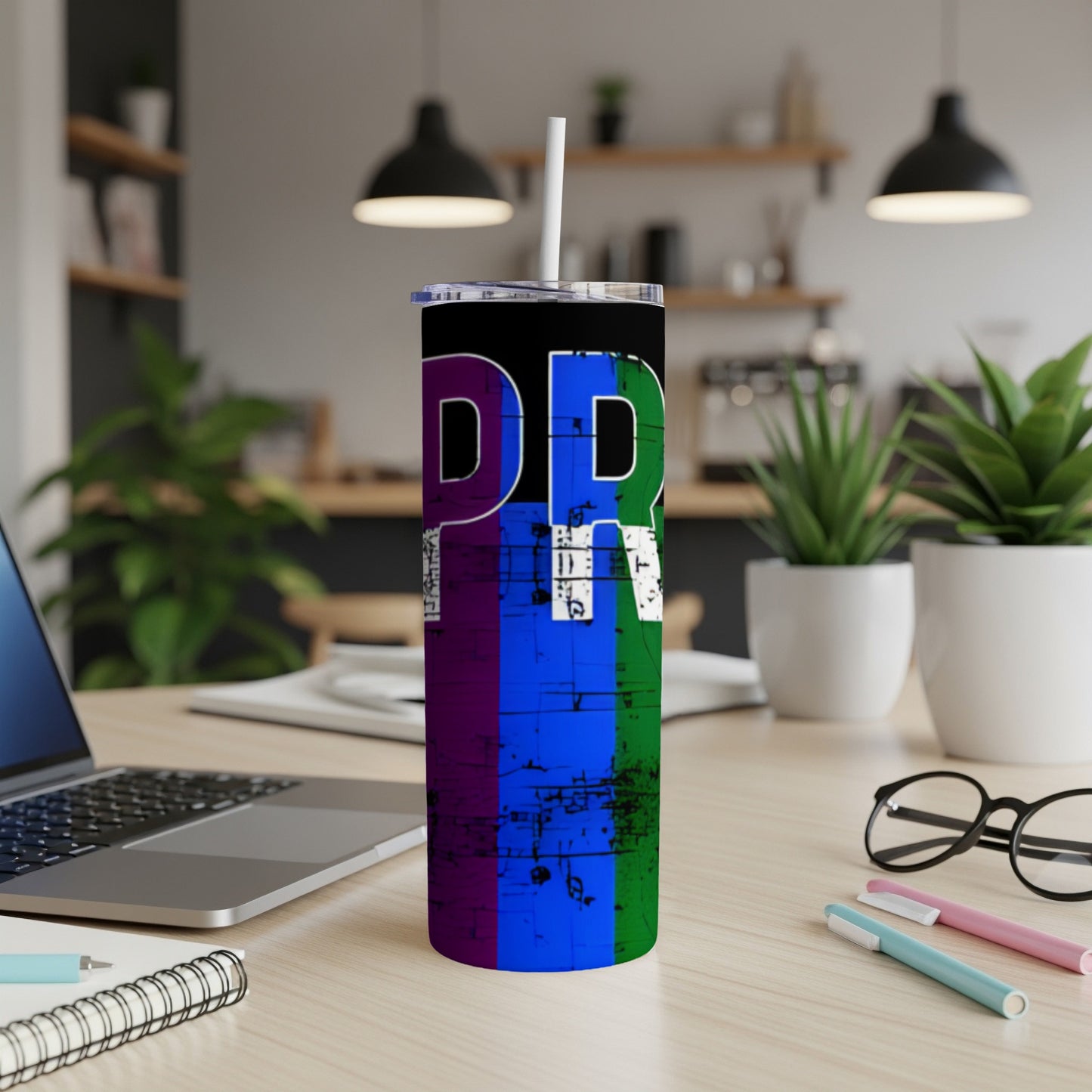 Tumbler with PR text in white on a gradient of blue, purple, and green stripes.