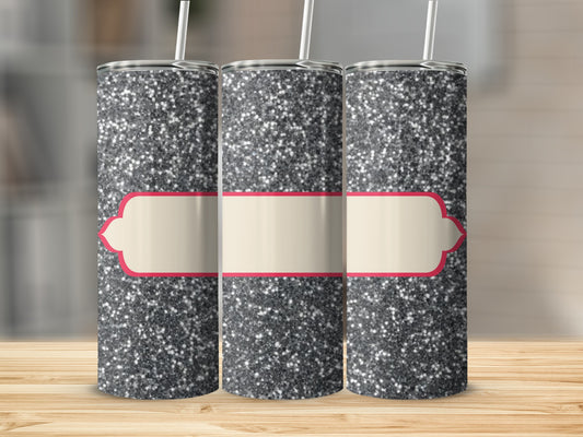 Three glitter tumblers with blank cream and pink label details.