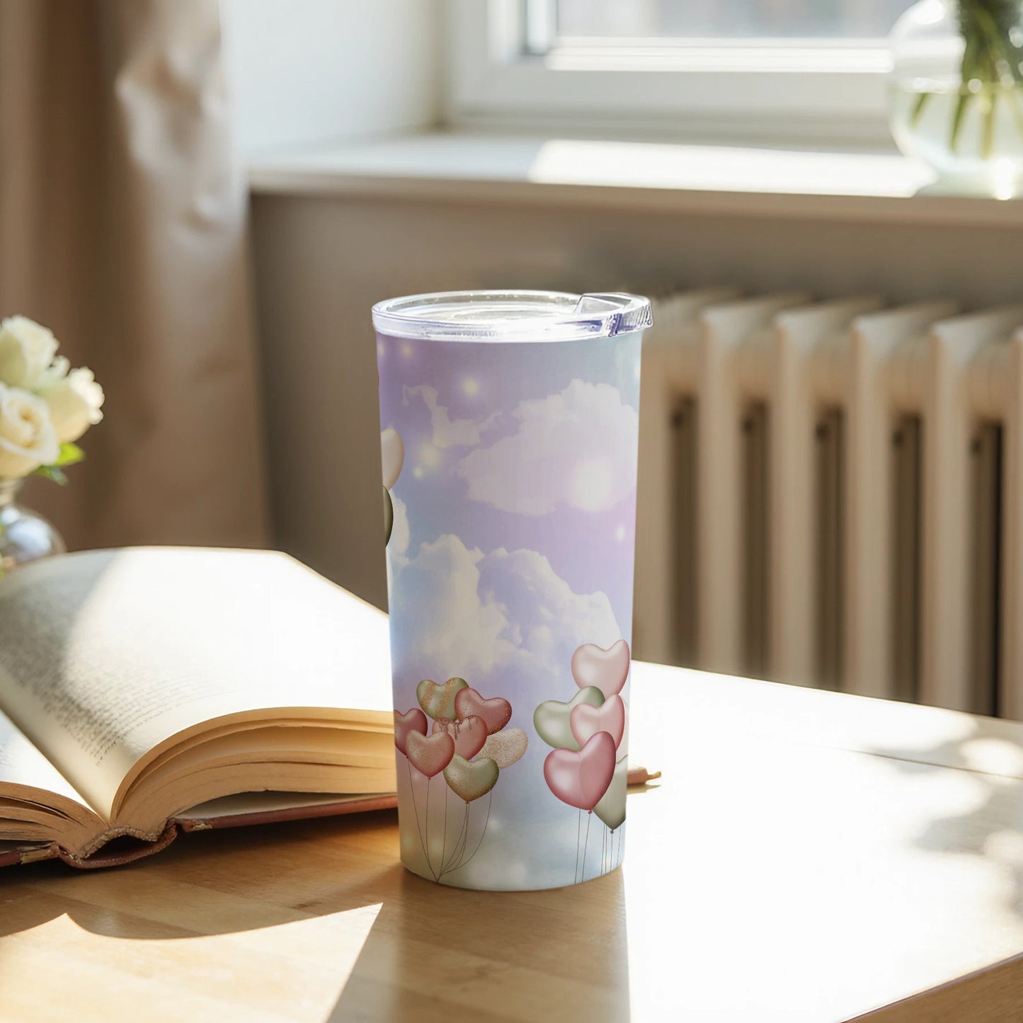 Sky Clouds and Heart Balloons Design Tumbler