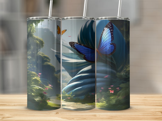 Three tumblers with a nature scene featuring a blue butterfly.