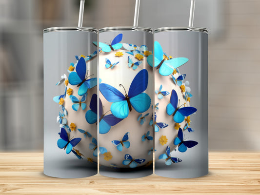 Three tumblers showcasing a blue butterfly orb design.