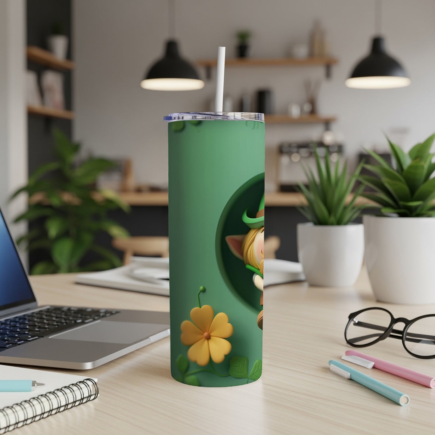 Green tumbler with cartoon leprechaun and four-leaf clover design.