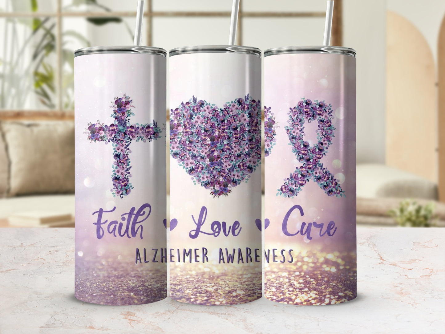 Faith Love Cure Alzheimer Awareness tumbler