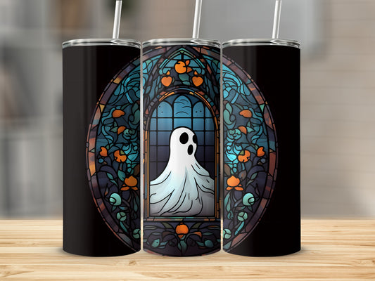 Stained glass tumbler with ghost in window and floral accents.