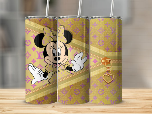 Minnie Mouse on a gold and purple patterned tumbler with a gold zipper.