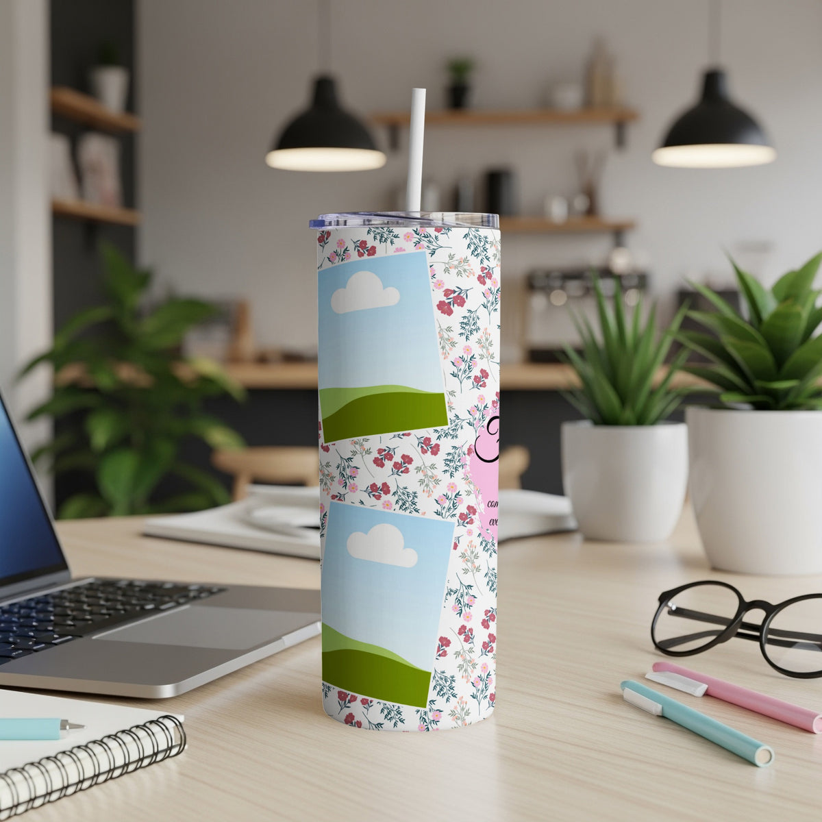Floral patterned tumbler with two photo placeholders and a pink "E" graphic.