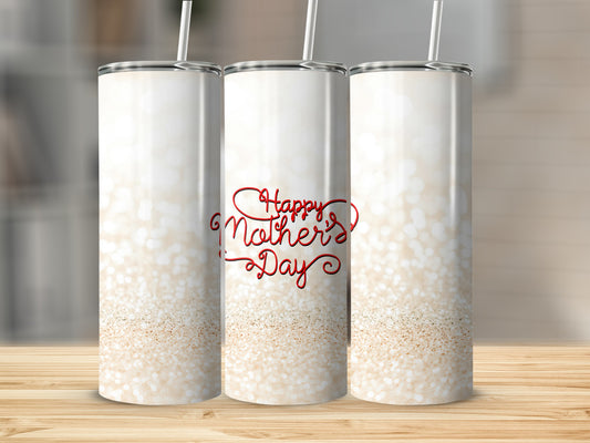 Three white tumblers with glitter accents and "Happy Mother's Day" text.