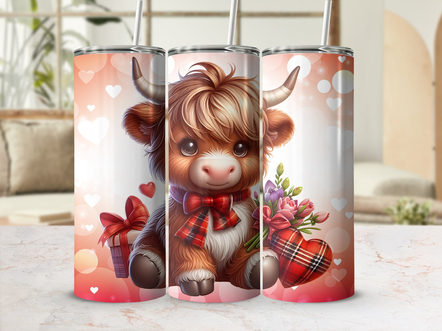 Adorable Highland Cow Holding Flowers and Gift Tumbler