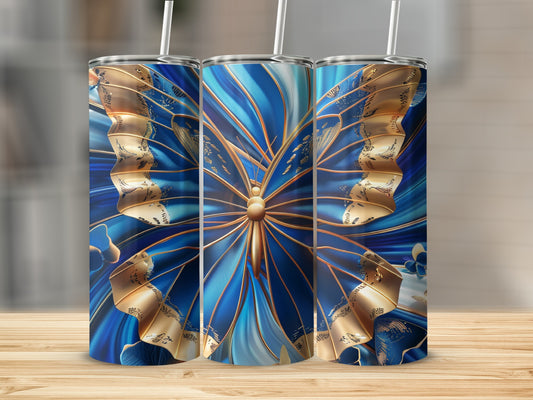 Three tumblers with a blue and gold butterfly design.