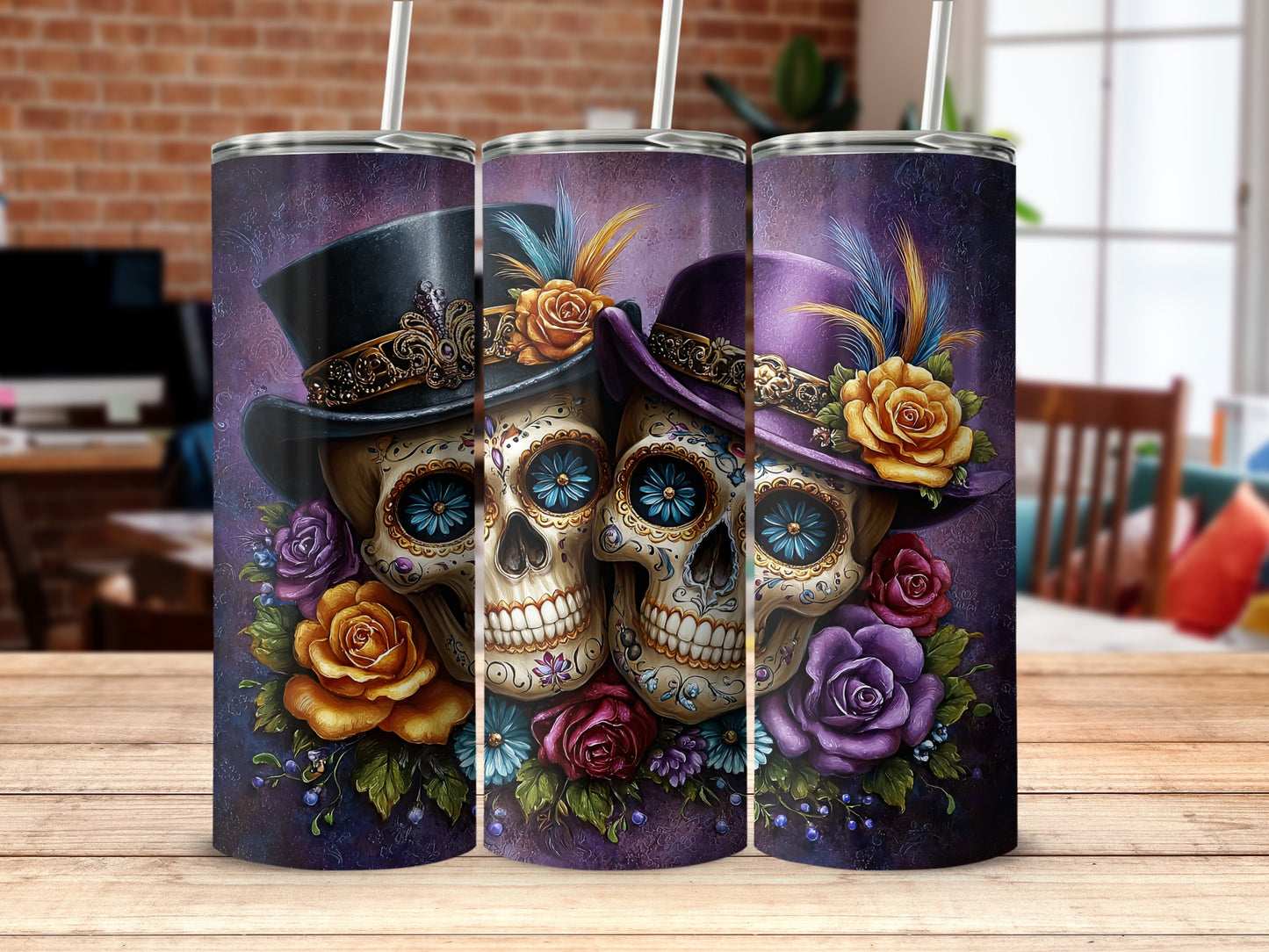 Festive Skull Tumbler with Elegant Hat and Floral Design