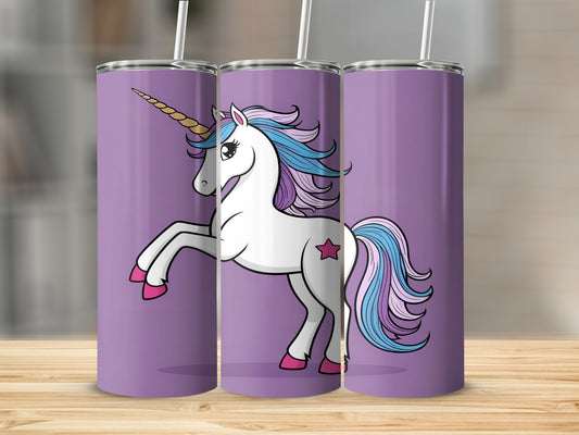 Three tumblers featuring a white unicorn with a rainbow mane and tail.