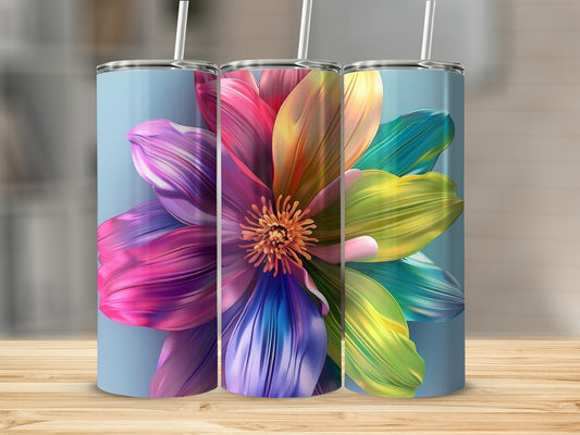 Three tumblers with a vibrant, colorful abstract floral design.