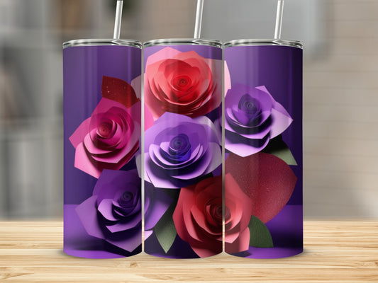 Three tumblers with colorful paper roses design on purple background.