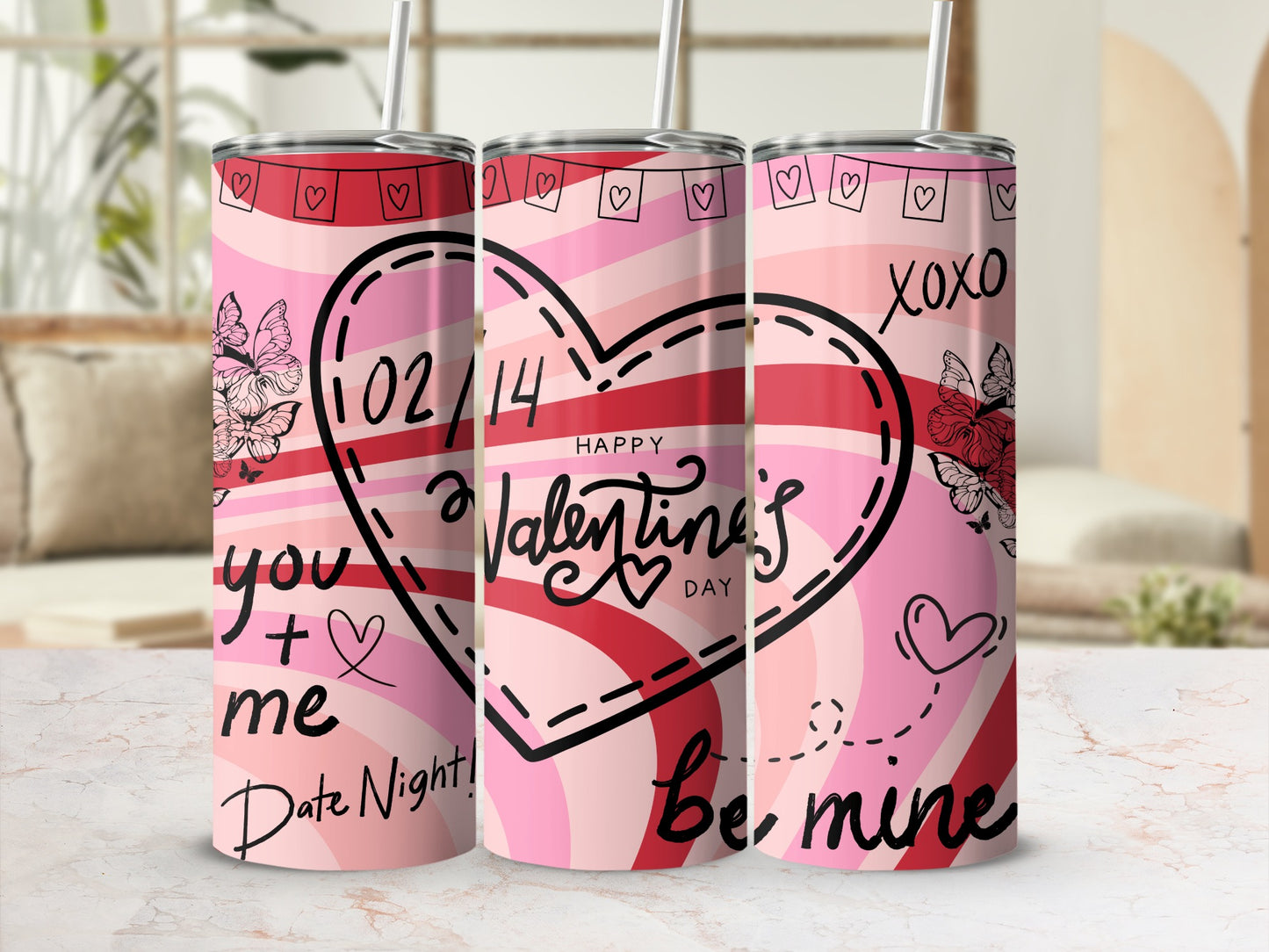 Valentine's Day Pink Hearts and Butterflies Tumbler