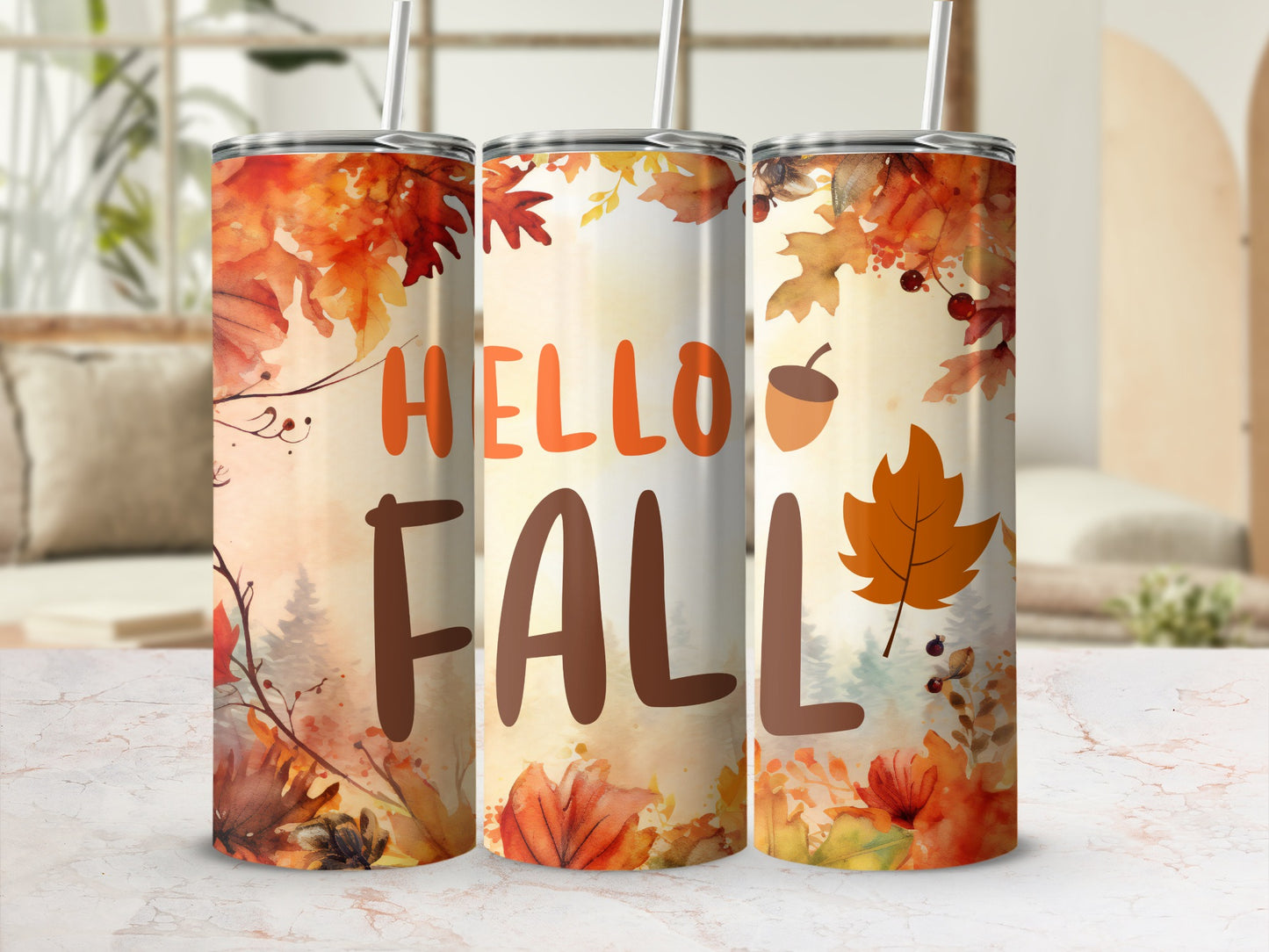Hello Fall Autumn Leaves Design Tumbler 20oz