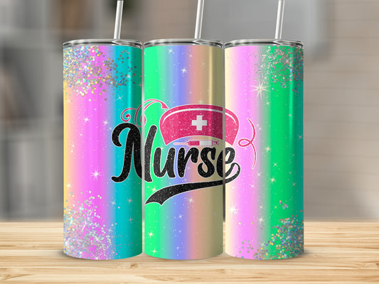 Nurse tumbler with glitter and colorful background.