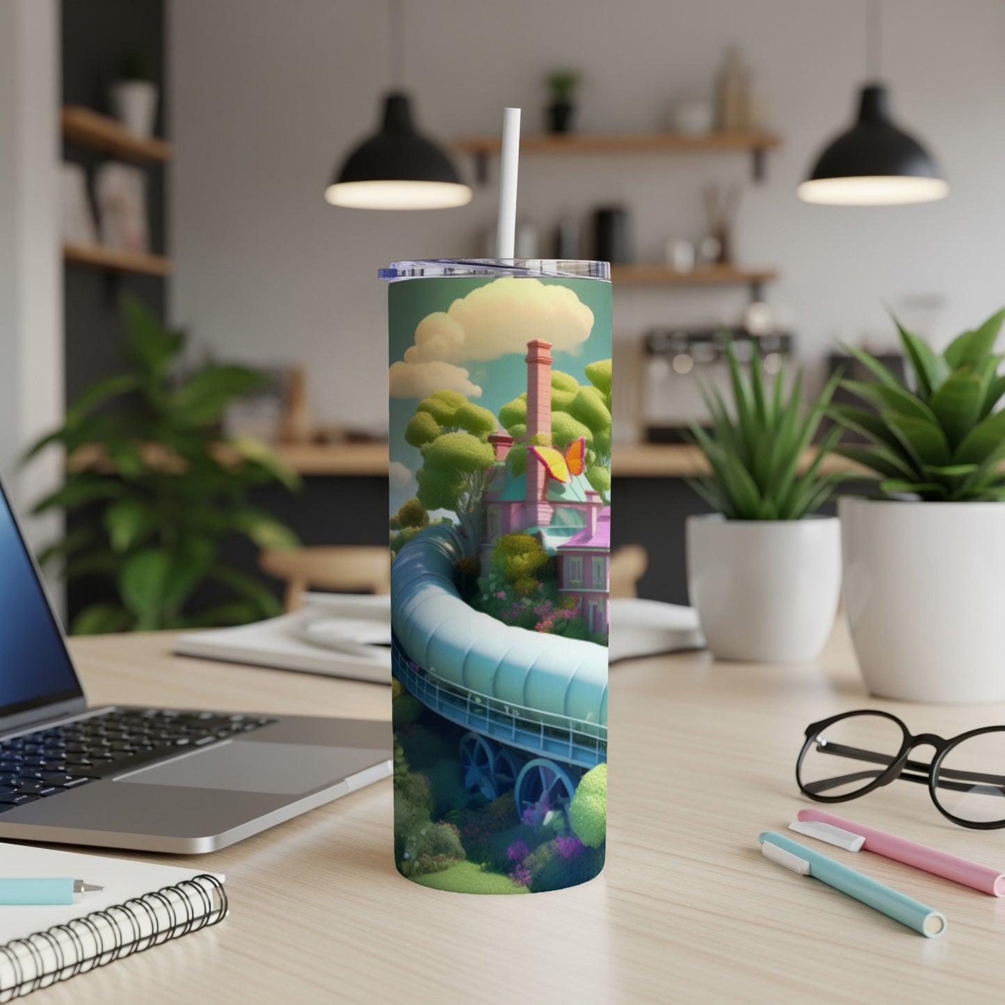 Tall tumbler featuring a whimsical cartoon train track and colorful village scene.