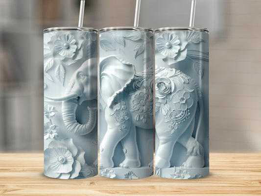 Three light blue tumblers with embossed elephant and floral designs.