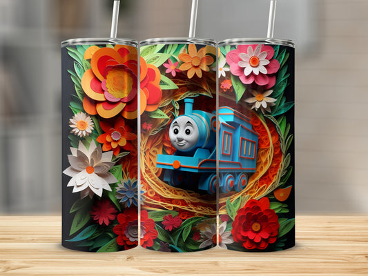 Colorful Floral Train Design on Vacuum Tumbler