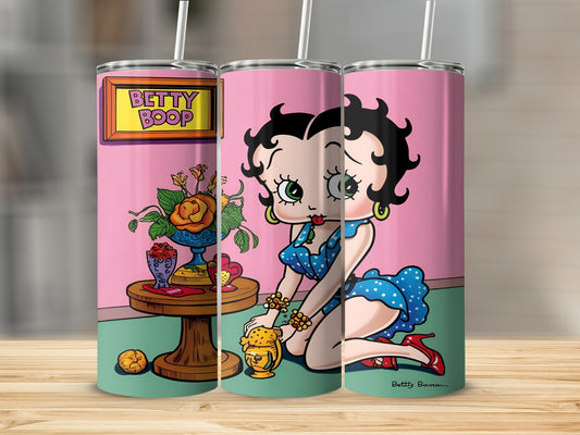 Betty Boop in blue polka dot dress holding a yellow object, art print.