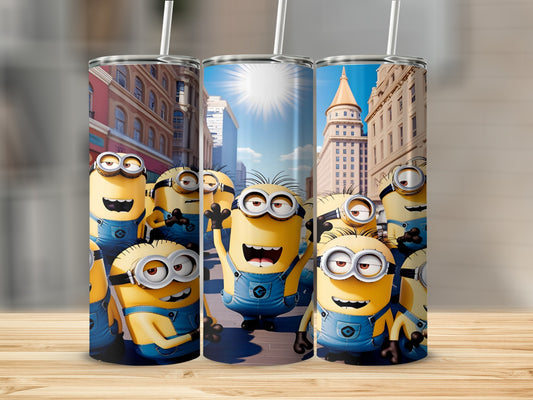 Minions characters from Despicable Me on a tumbler with city buildings in background.