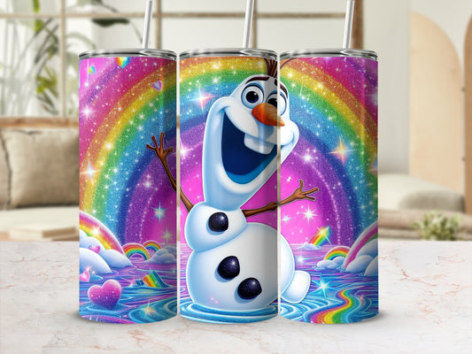 Sparkling Rainbow Snowman Themed Tumbler with Straw
