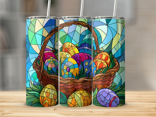 Easter basket filled with colorful stained-glass patterned eggs on a wooden surface.
