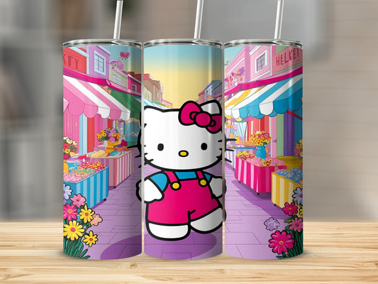 Hello Kitty in pink overalls in a colorful market scene.
