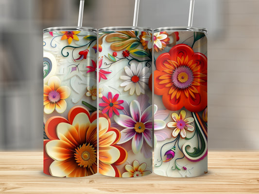 Three floral tumblers with vibrant orange, red, and pink flowers.