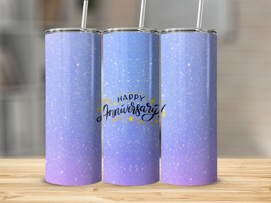 Two skinny tumblers with a starry gradient design and "Happy Anniversary!" text.