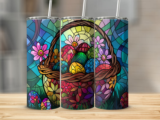 Easter basket with stained glass pattern and colorful eggs.