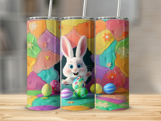 Easter bunny with colorful eggs and pastel floral background on three tumblers.