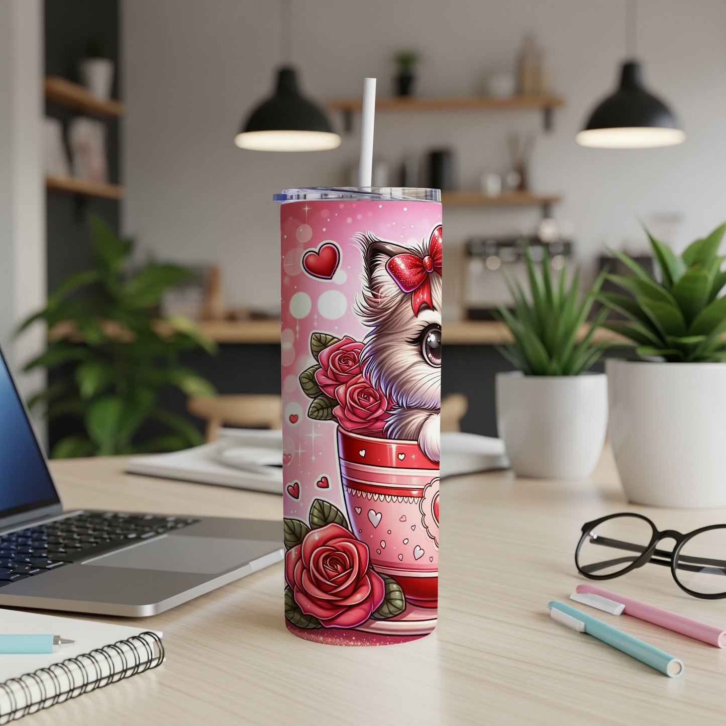 Pink tumbler with a cute puppy, roses, and hearts design.