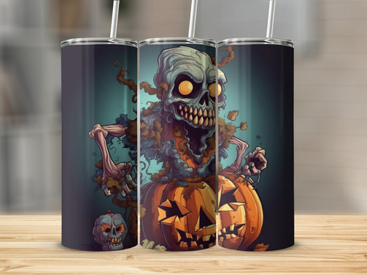 Creepy zombie over jack-o'-lanterns on a dark, Halloween-themed tumbler.