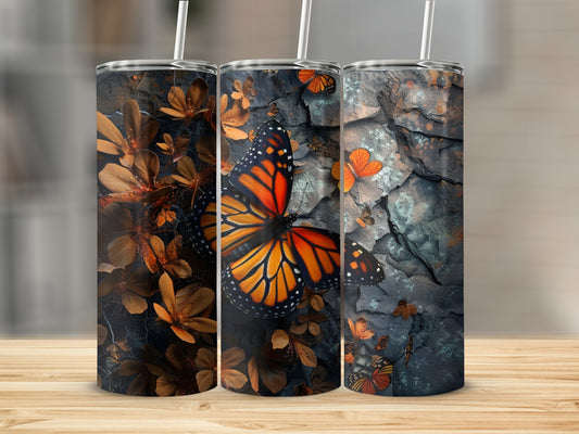 Three tumblers with butterfly and floral designs on textured backgrounds.