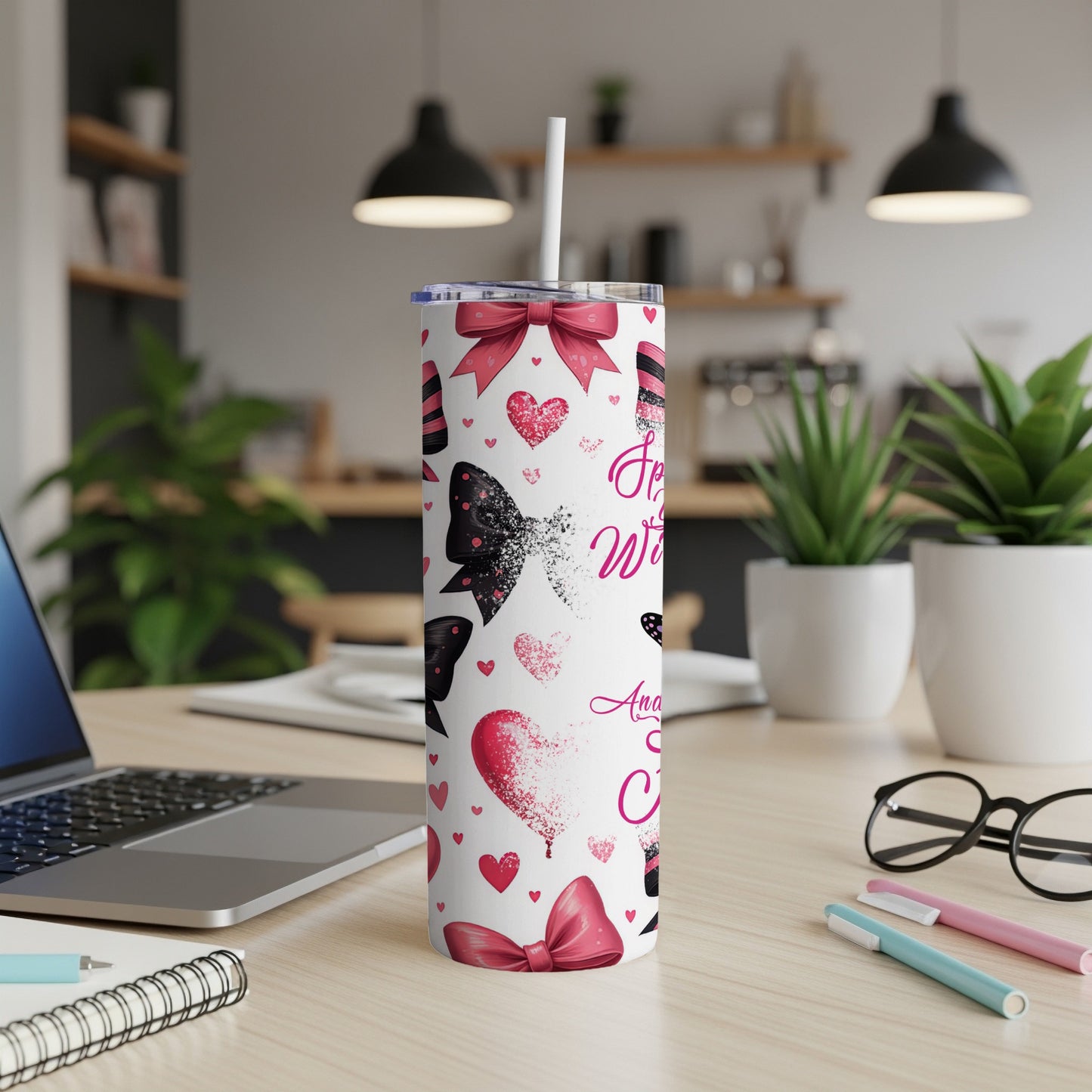 Tumbler with pink bows, hearts, and text, "Love you always and forever."