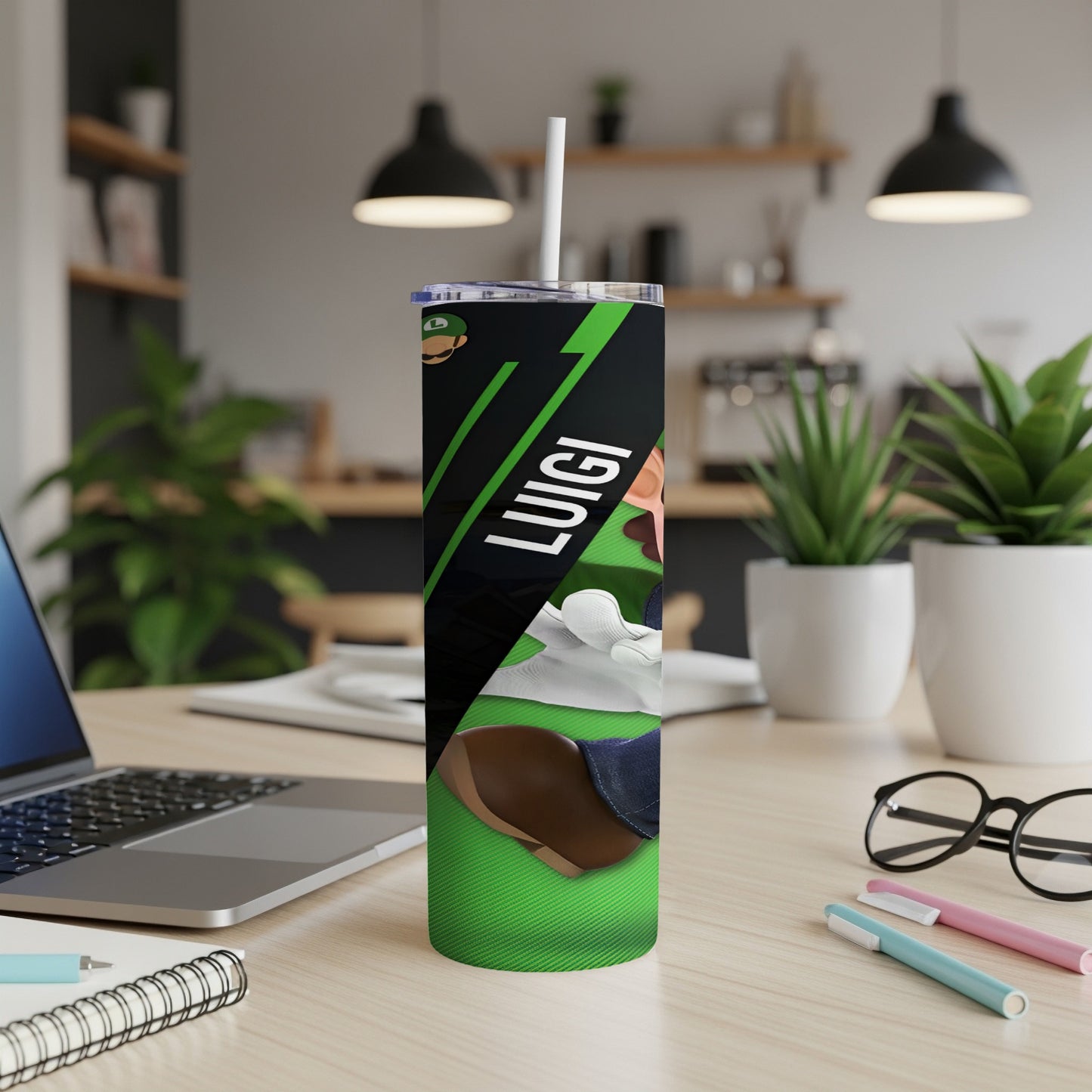 Green tumbler with Luigi's character design and name.