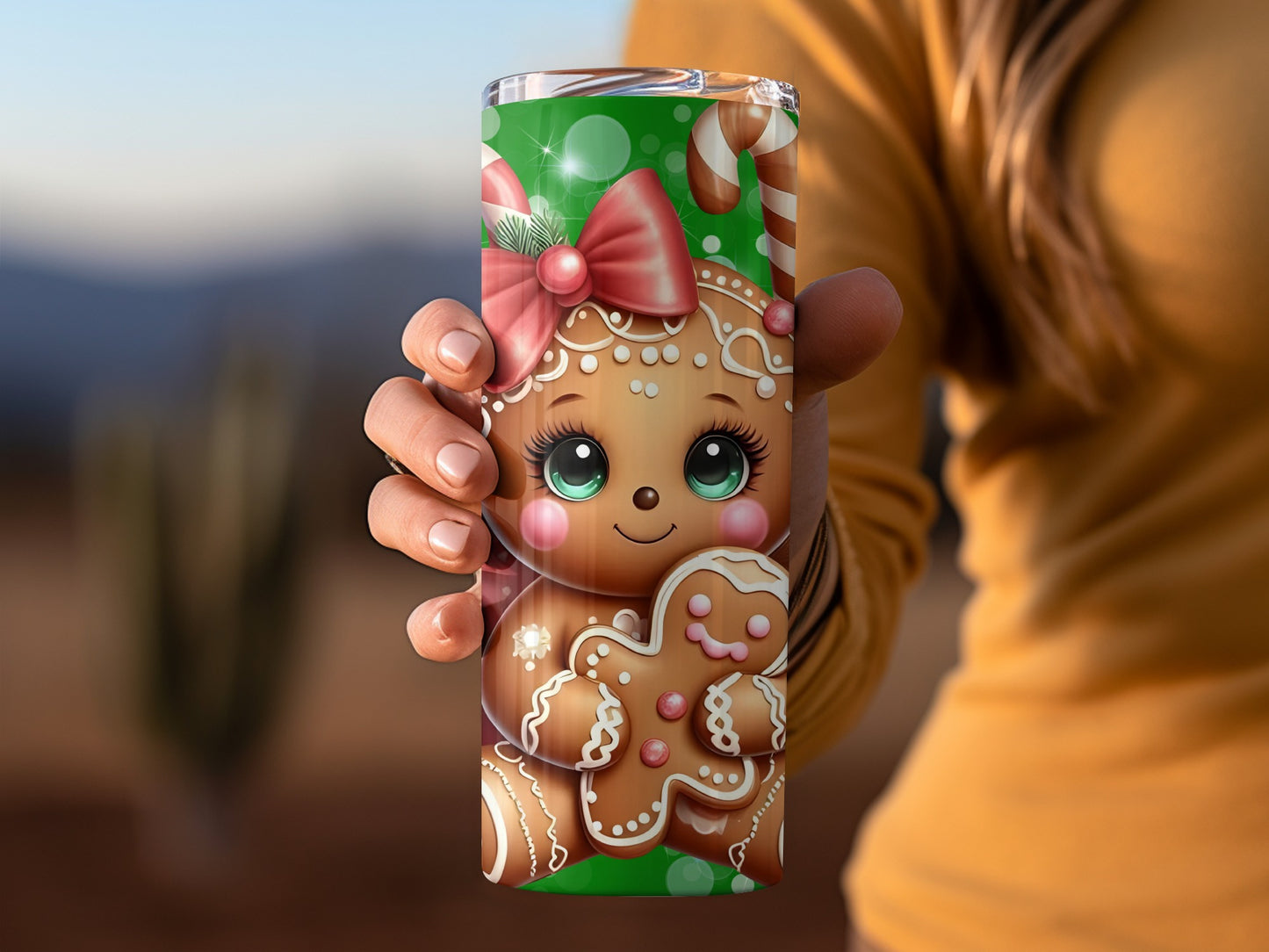 Cute Gingerbread Christmas Tumbler with Bow and Candy Cane