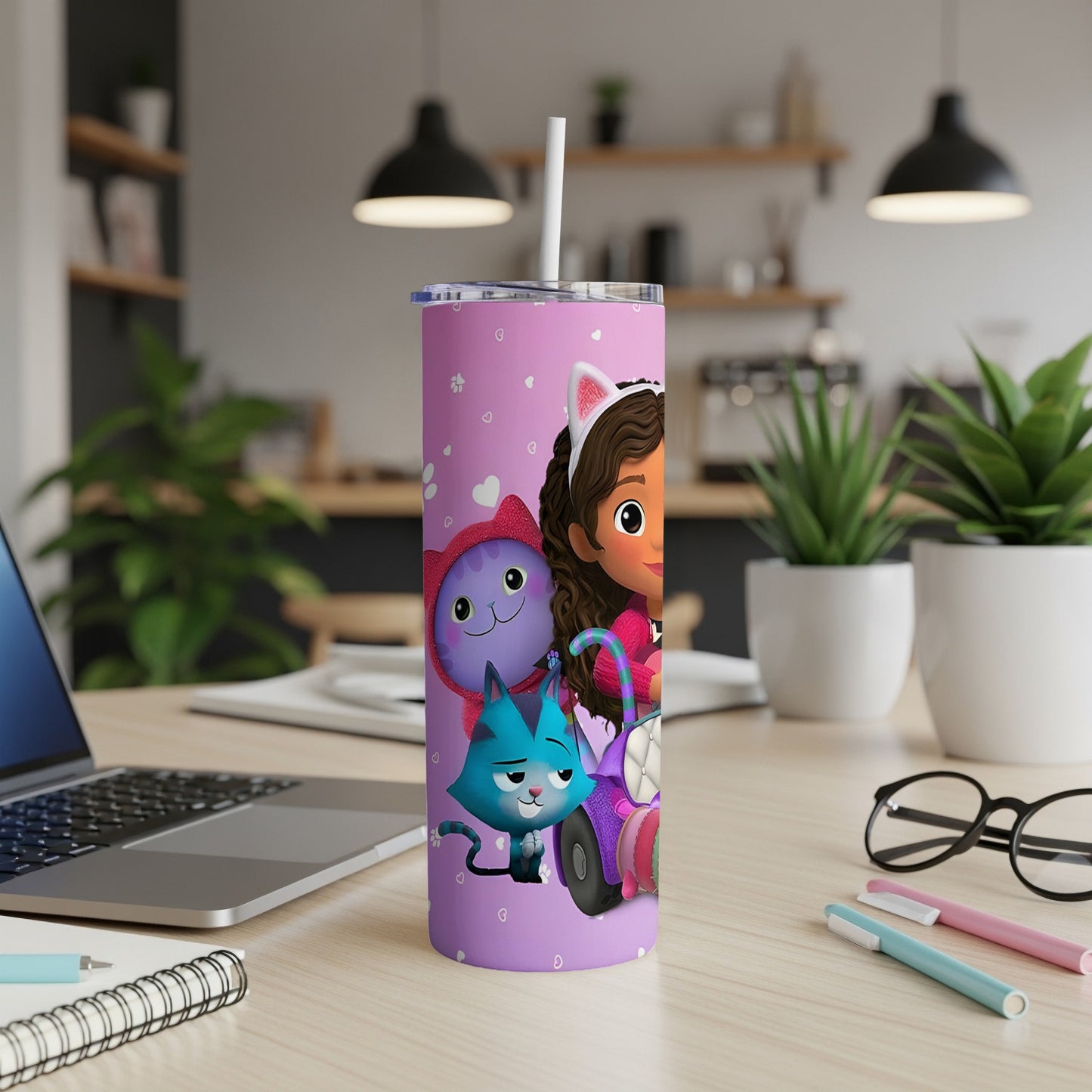 Gabby's Dollhouse characters on a pink, cat-ear lid tumbler with a straw.