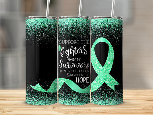 Tumbler with teal glitter and a teal ribbon, reading "Support the fighters, admire the survivors."