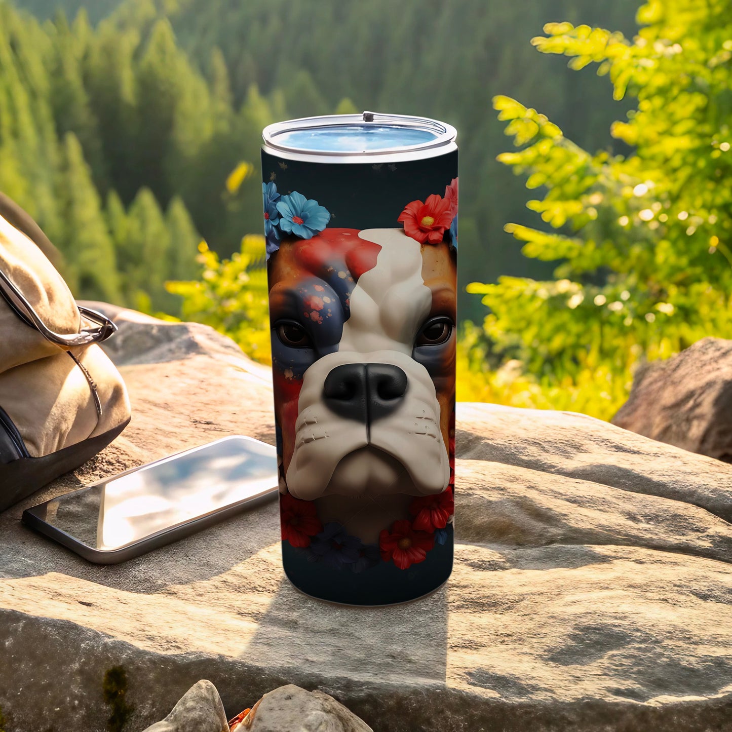 Boxer dog tumbler with floral crown, outdoors on rocks.