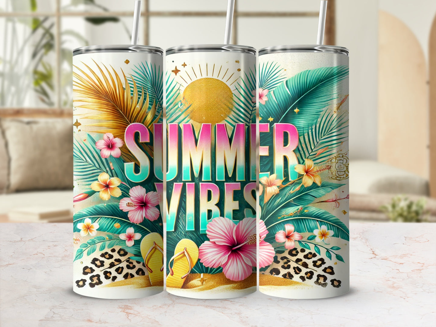 Summer Vibes Tropical Theme Leopard Print Tumbler Cup