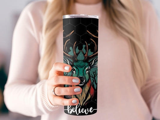 Deer with Antlers Believe Graphic Travel Tumbler