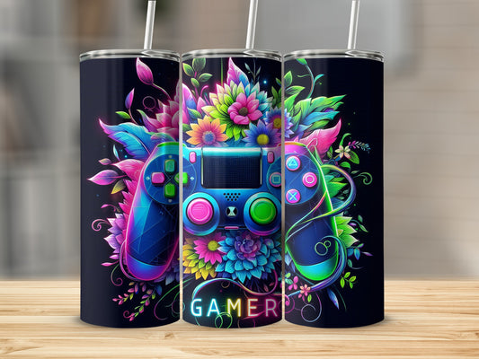Neon gaming controller with vibrant flowers and the word "GAMER".