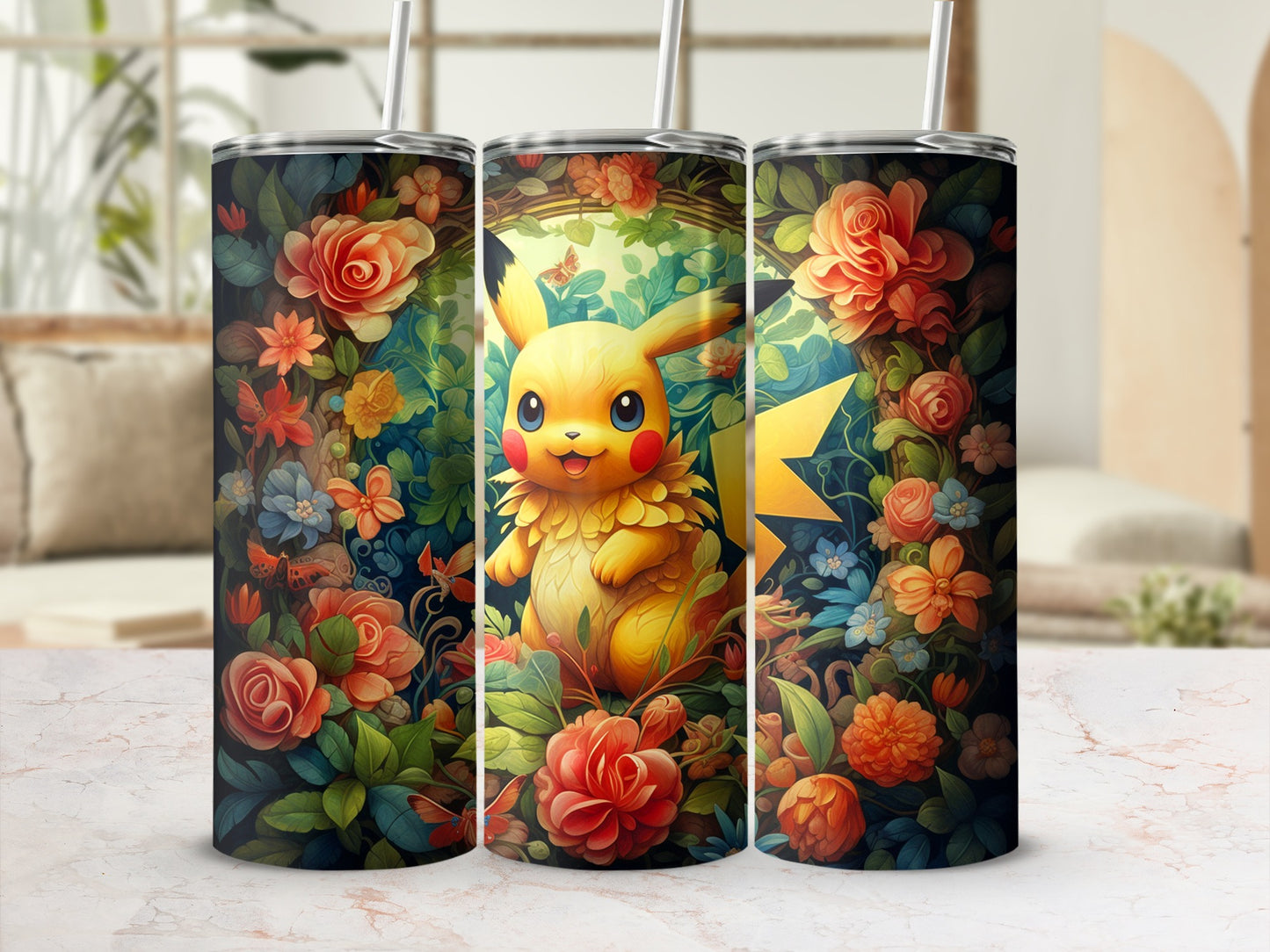 Adorable Pikachu and Floral Background Tumbler