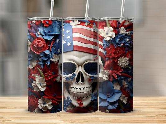 Skull with American flag and floral design on three tumblers.